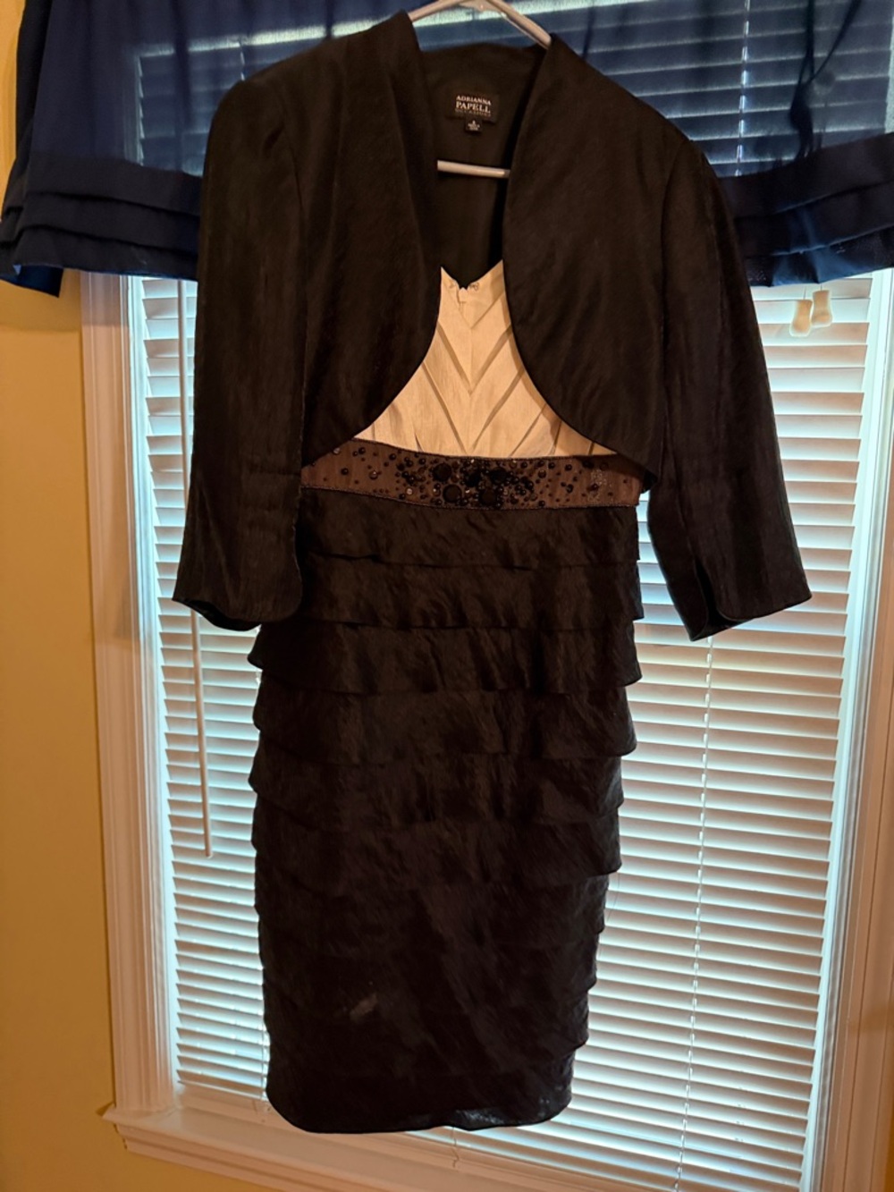 Adrianna Papell Black and Ivory Tiered Dress with Bolero